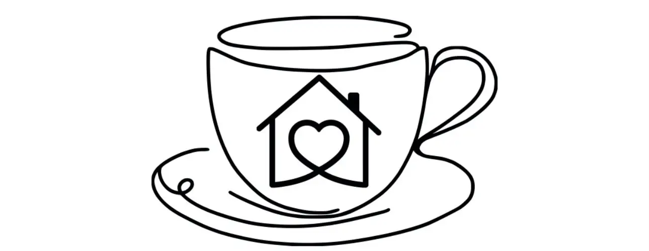 Calon line-drawn coffee cup with the house-and-heart emblem