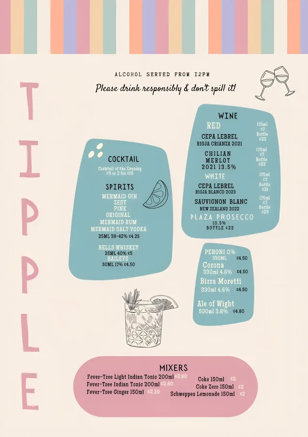 Original printed Calon Tipple licensed bar menu sheet
