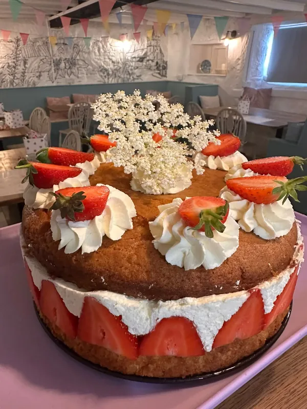Homemade strawberry and fresh cream celebration sponge cake topped with elderflower blossoms inside Calon