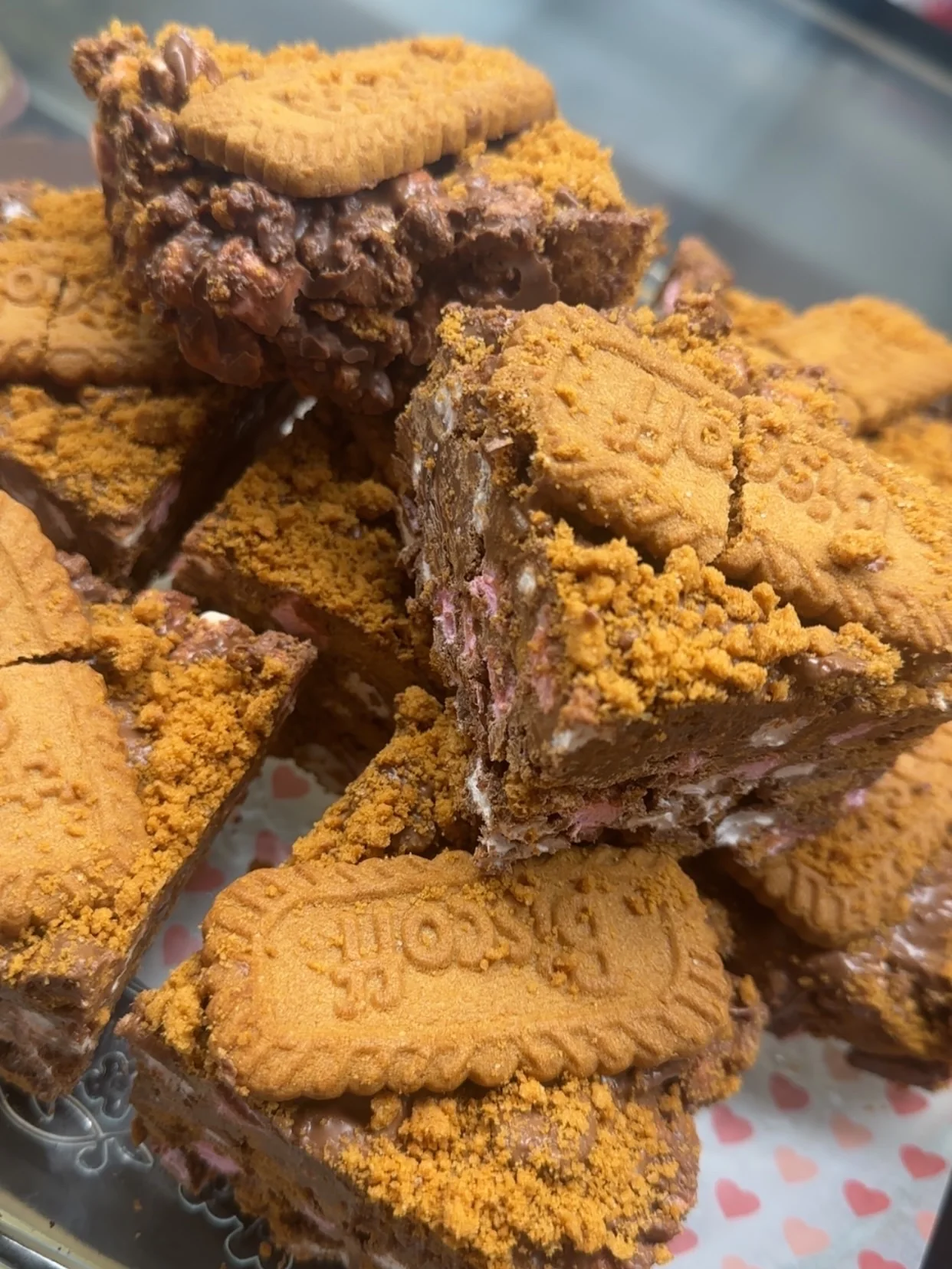 Close-up of homemade loaded Biscoff rocky road traybake bars